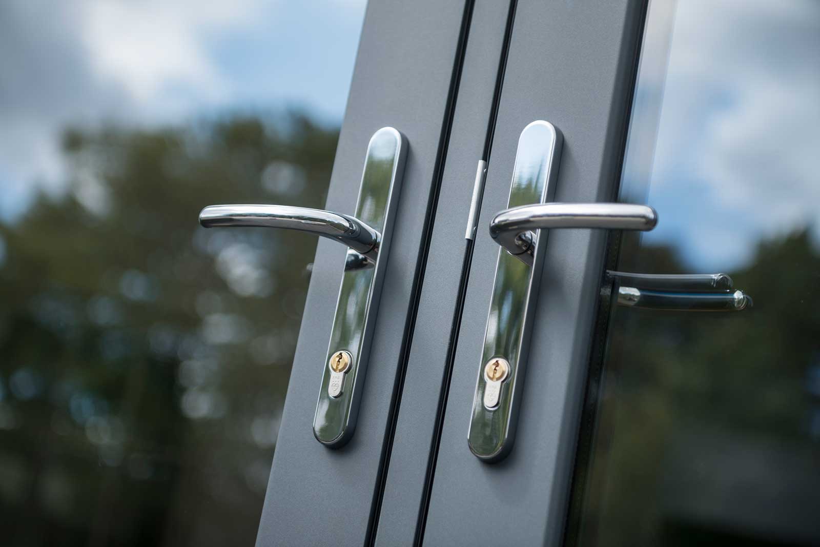 close up of flush french door handles