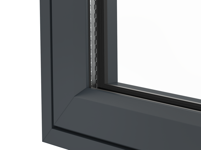Close-up of the corner bond joints in an aluminium window frame, showcasing precision and strength