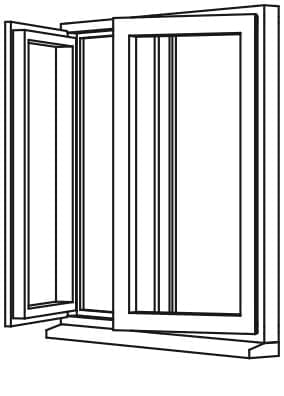Line drawing of a double casement window with one sash open outward