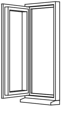 Line drawing of an open casement window showing frame and sash design