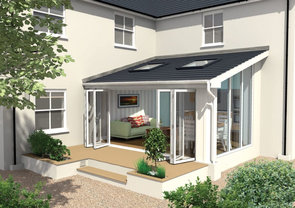 white upvc sash windows above an open bifold door on a white home