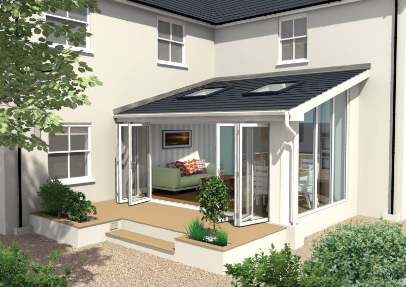 Modern home extension with bi-fold doors, skylights and raised patio area