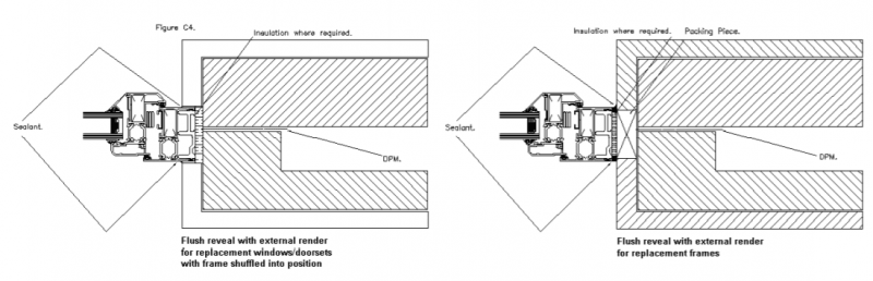 sealing 3. Flush reveal with external render for replacement windows / doorsets with frame shuffled into position