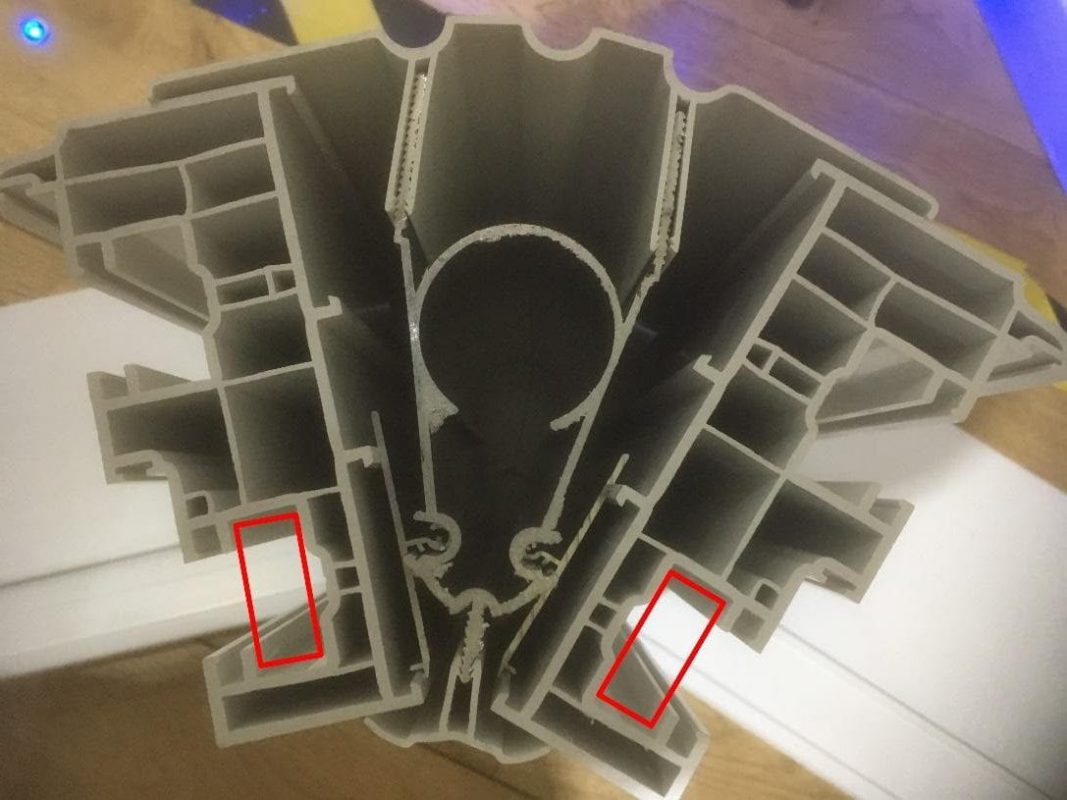 Avoid screw penetration into the sash chamber (illustrated in red) when securing the adaptor to the frame to prevent interference with window function.