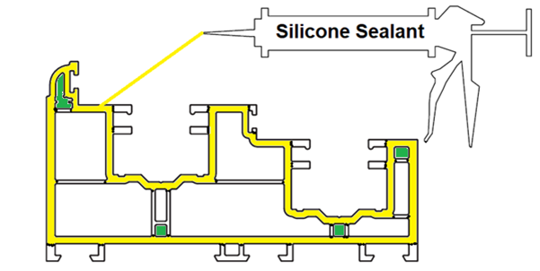 Yellow-highlighted areas on frame jambs showing where to apply silicone sealant.