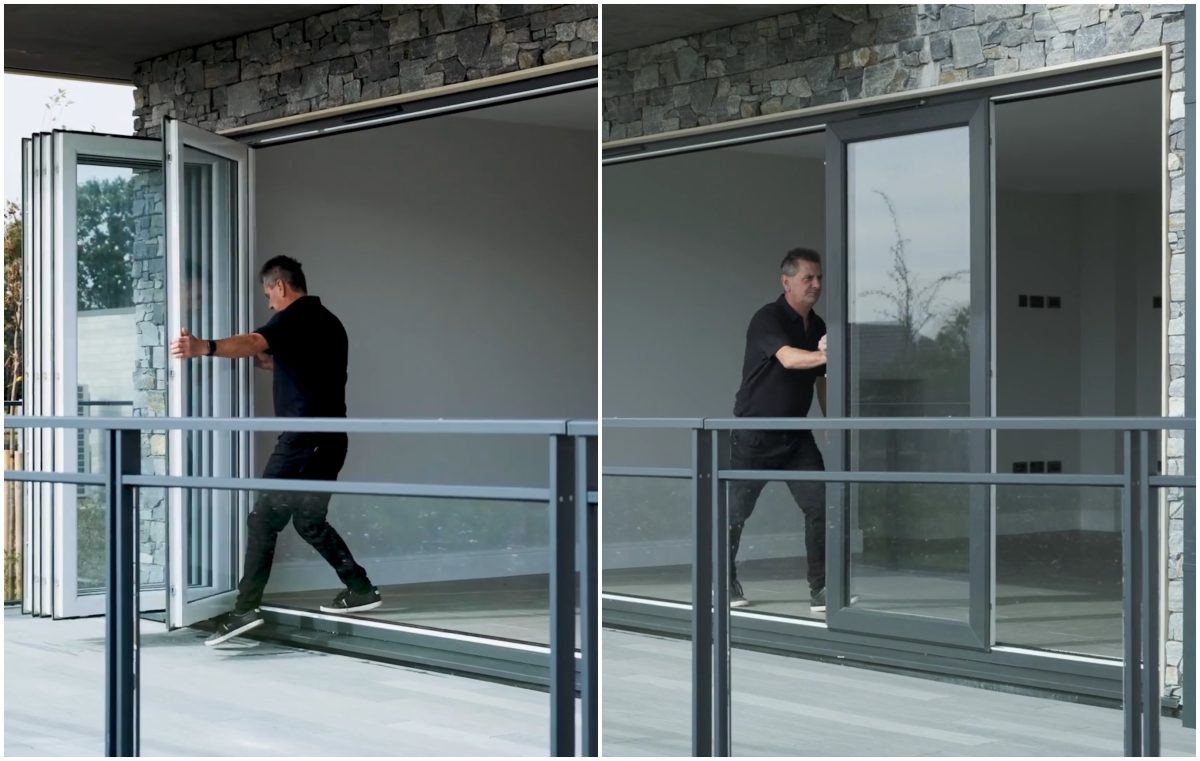 A sleek and modern Quickslide Quick-Glide door system showcasing its slim slide and stack design, perfect for contemporary homes