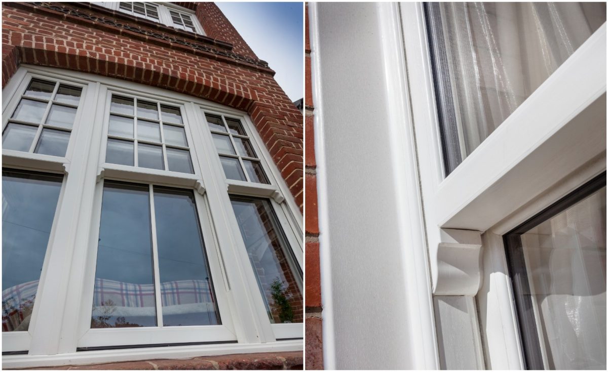 Close-up of a traditional sash window horn showcasing its detailed craftsmanship and structural design.