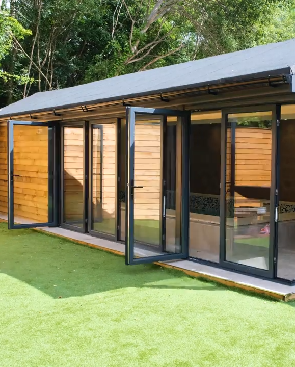 A series of slide and stack doors neatly arranged, showcasing their versatility in space-saving and contemporary design