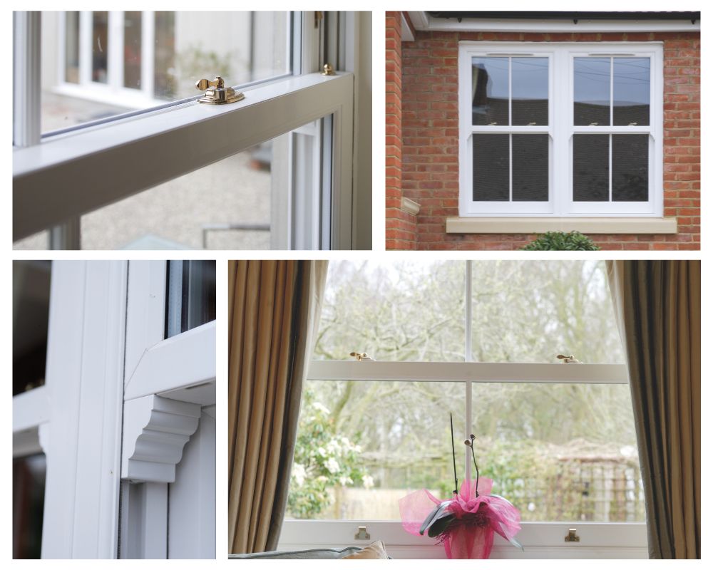 Close-up of a uPVC sash window frame with woodgrain finish, blending traditional style with modern materials.