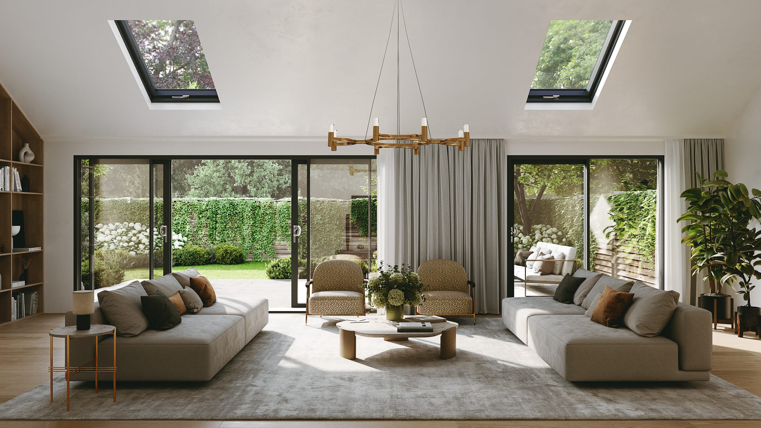 Inline aluminium sliding patio doors opening up to a garden view