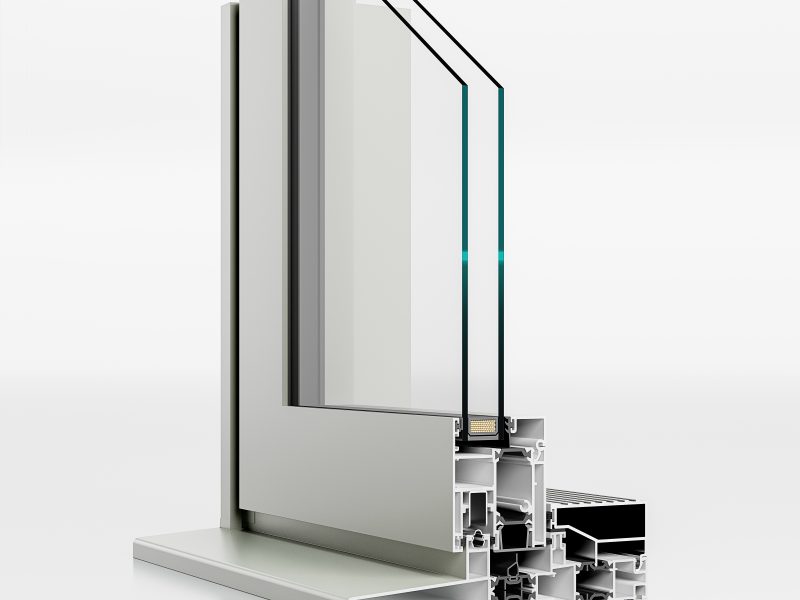 Corner view of Epwin Stellar inline sliding door showing the standard 200mm cill for added coverage