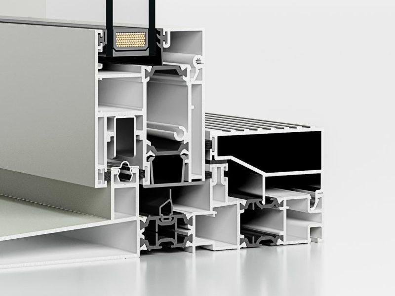 Corner detail of Stellar inline sliding door showing the polyamide thermal break for enhanced insulation