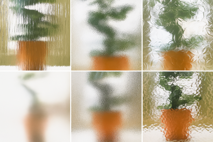 Collage showing 6 obscure glass styles, each blurring a plant behind textured glass for varying privacy effects