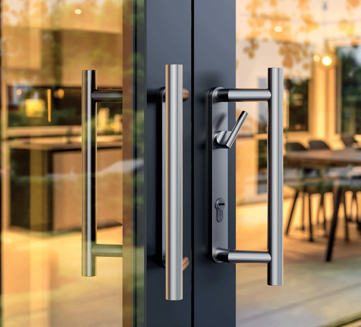 Close-up of Epwin aluminium sliding patio door handle and secure multi-point locking system