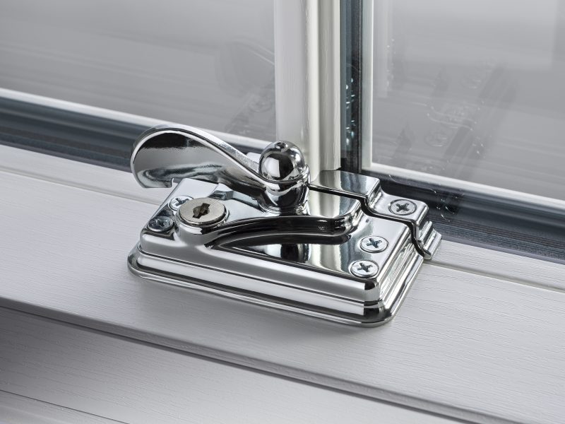 Close-up of a sash lock and keep for securing windows, available in two styles with various finishes.